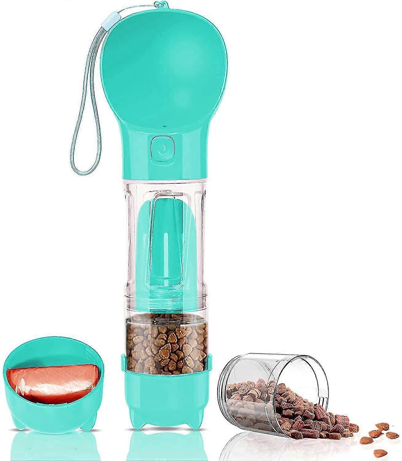 المحمولة السفر الحيوانات الأليفة الكلب الملحقات موزع خفيفة الوزن - 4 في 1 تسرب الكلب زجاجة زجاجة موزع مع حقيبة القمامة، سكوبر والغذاء حاوية فو