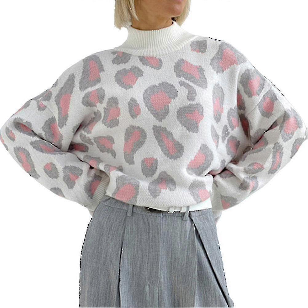 Winter Damen Pullover Leopard Print Basic Rollkragen Oversize Pullover Vintage Warmer Pullover#pink