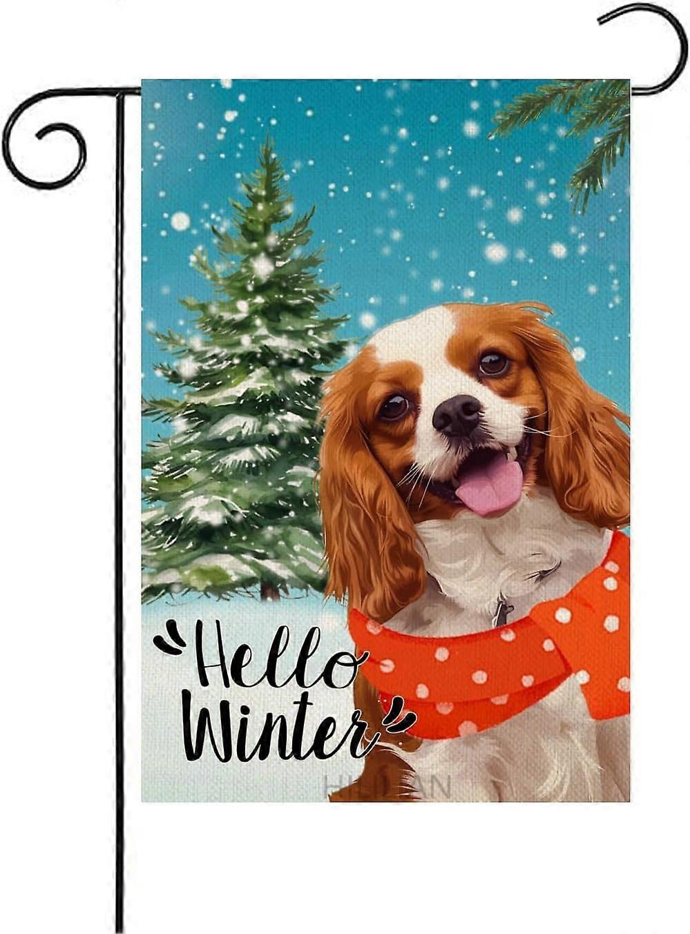 Bandeira de Jardim Cavalier-King-Charles Spaniel 12x18 Polegadas Dupla Face, Hello Winter Dog com Cachecol Chris