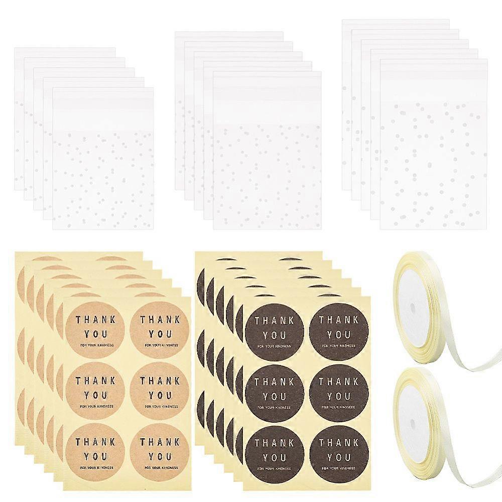 Dot Round Thank You Self-Adhesive Paper Gift Tag Stickers with Rectangle Frosted Plastic Cellophane Bags Polyester Ribbon Mixed Color 13.5x8.7x0.02cm 