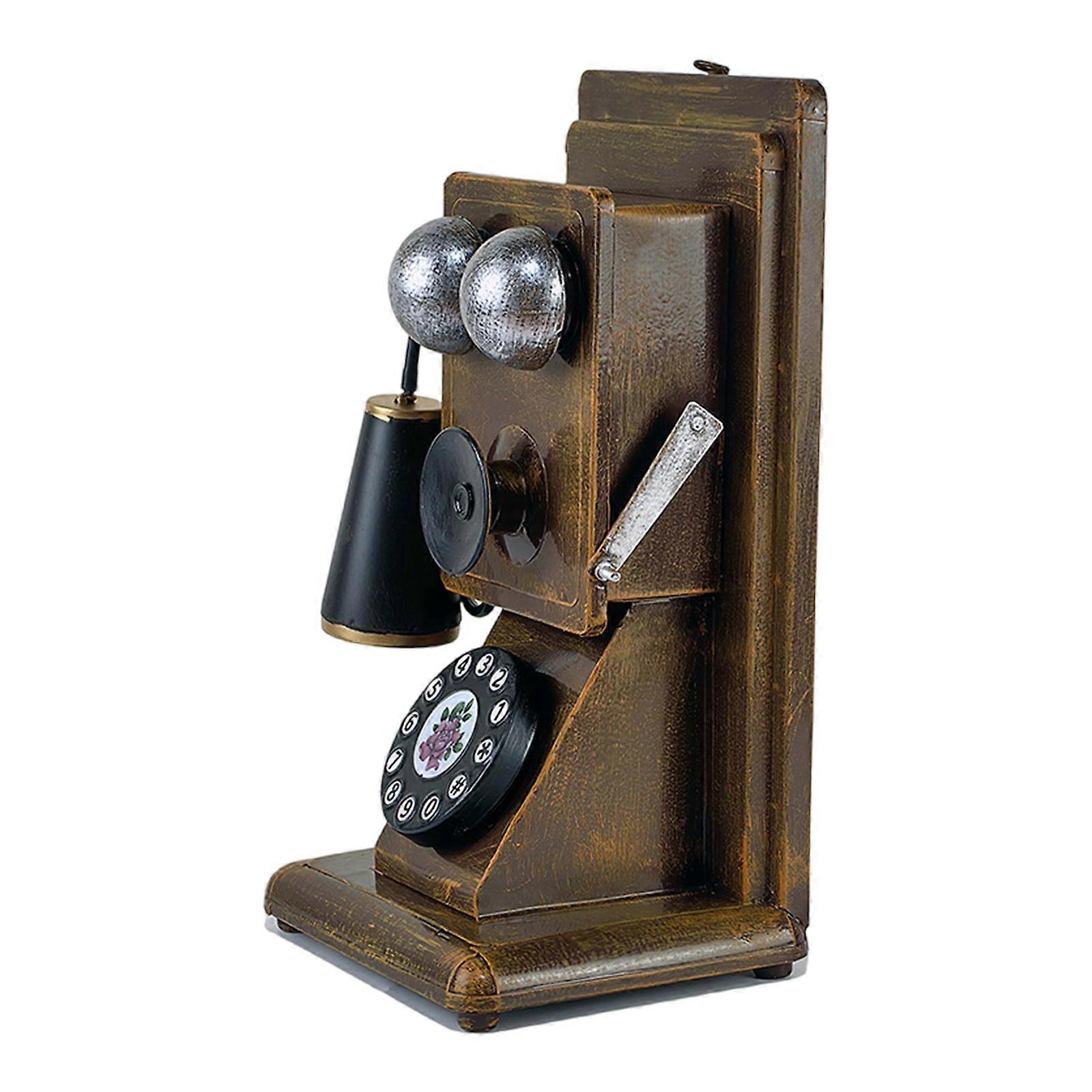 אמנותי וינטג סיבובי טלפון דגם פסל מתכת מלאכת רטרו עתיק טלפון פסלון קישוט לעיצוב בית ייחודי חום