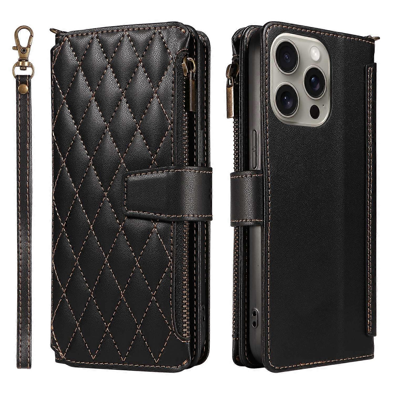 For iPhone 16 Pro Leather Case with Card Holder,RFID Blocking Wallet Phone Cover Rhombus Pattern