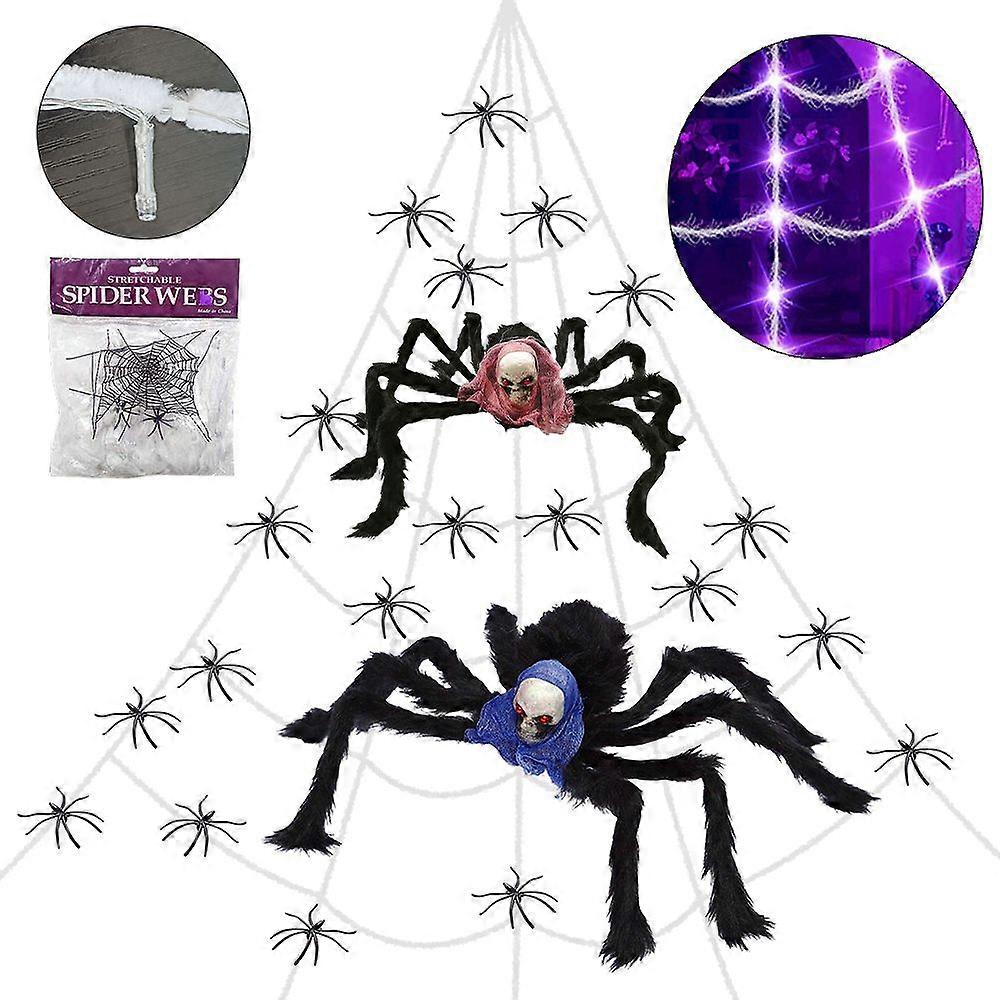 Halloween Spider Light Up Spider Webs Decorations 16ft Triangular Spider Web Purple Lights Scary Giant Spider and Small Black Spiders 40g Cotton for H