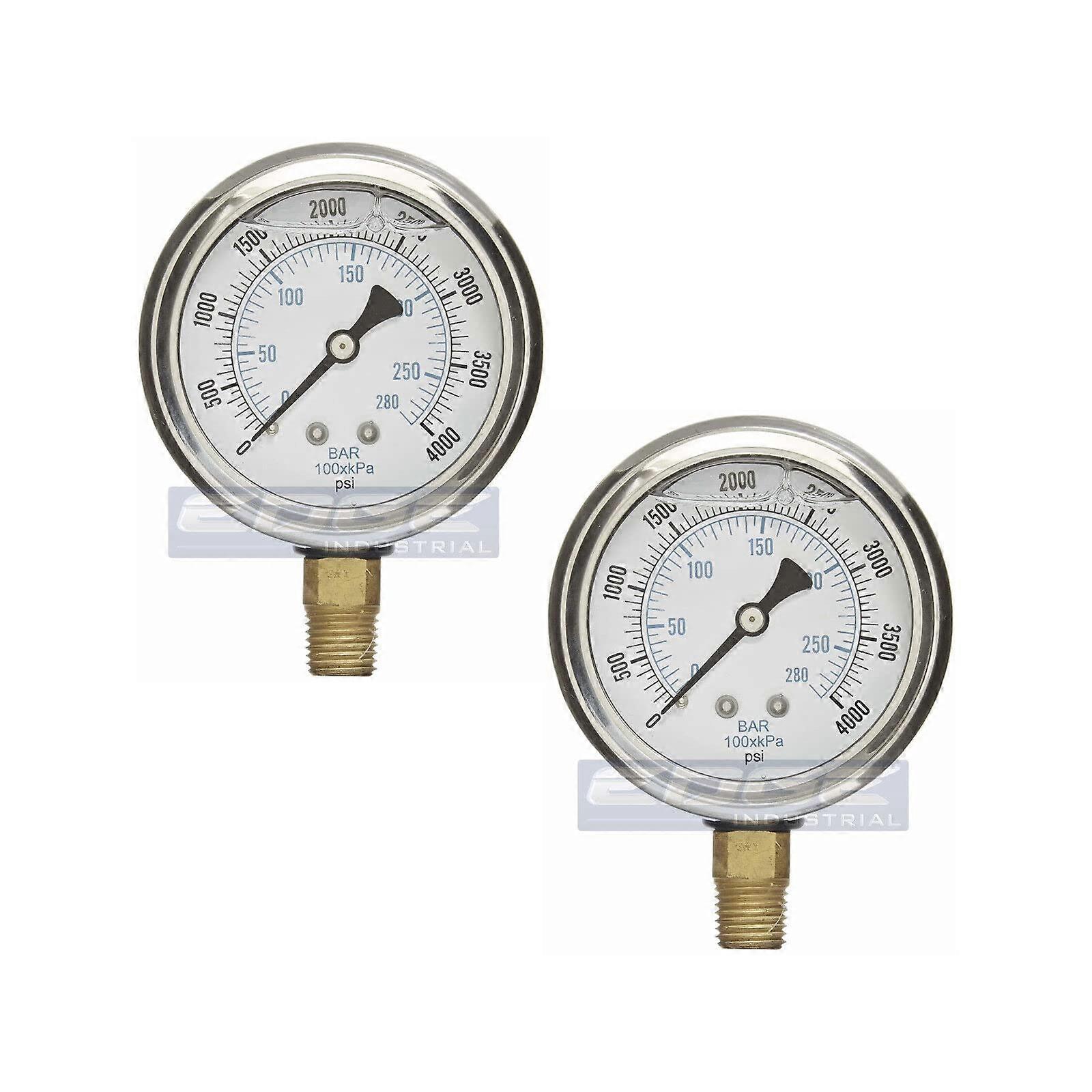 2 Pack Liquid Filled Pressure GAU04,000 PSI 2.5' FACE, 1/4' NPT Lower Mount