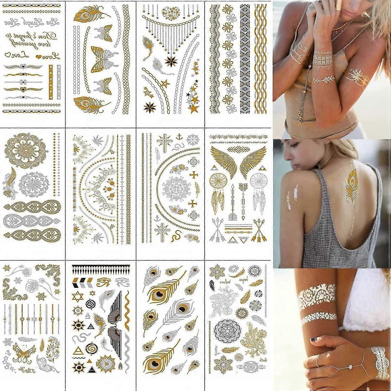12 feuilles Tatouages Flash métalliques Tatouages adhésifs temporaires en or Set Tatouage temporaire imperméable à l’eau