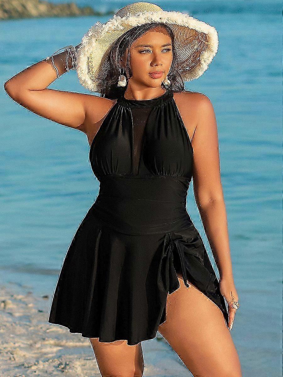 Plus Size Black Swimdress Halter One-Piece with Mesh Panels and Ruched Skirt