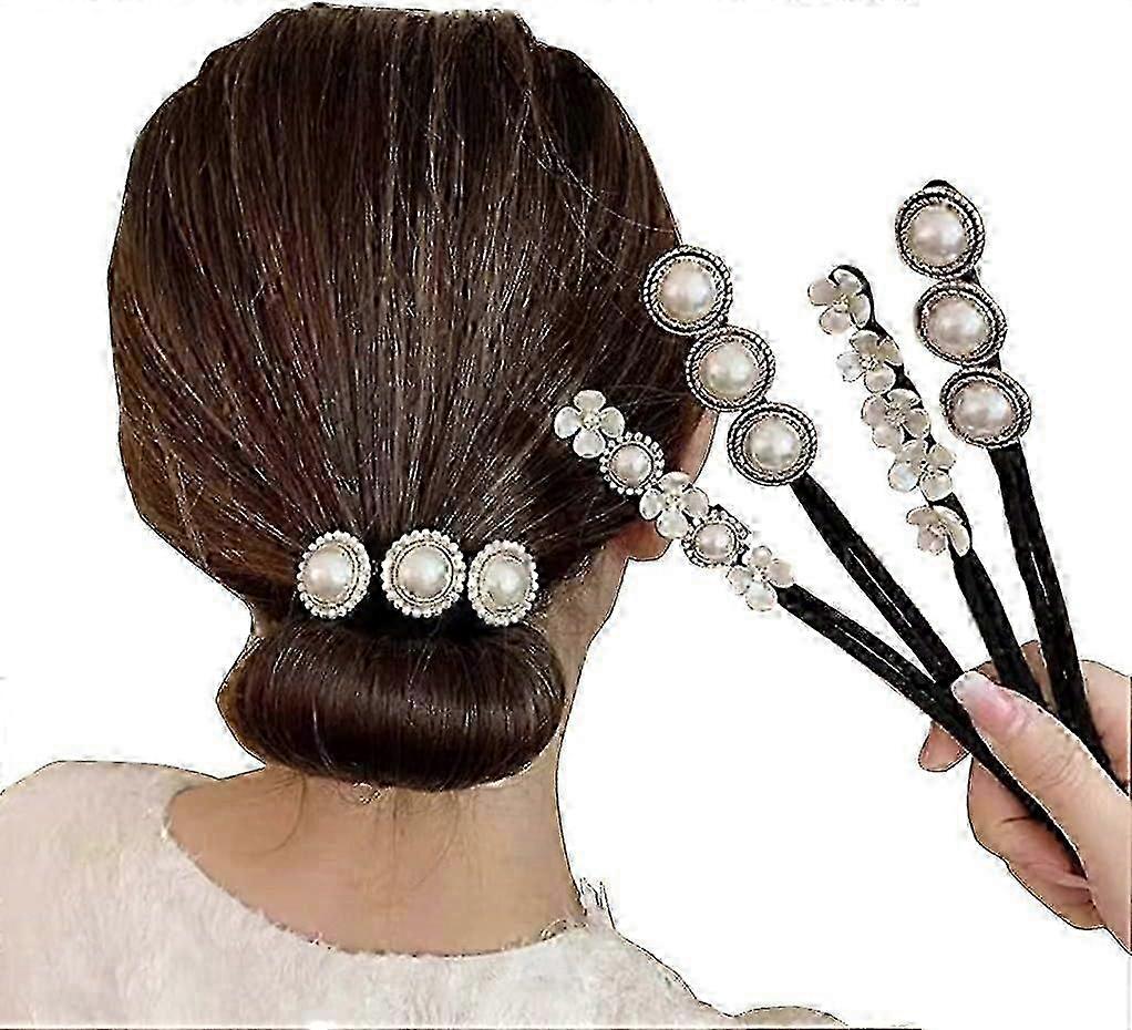 4 Pack Women\'s Magic Bun Maker with Pearls & Flowers Ponytail Styler