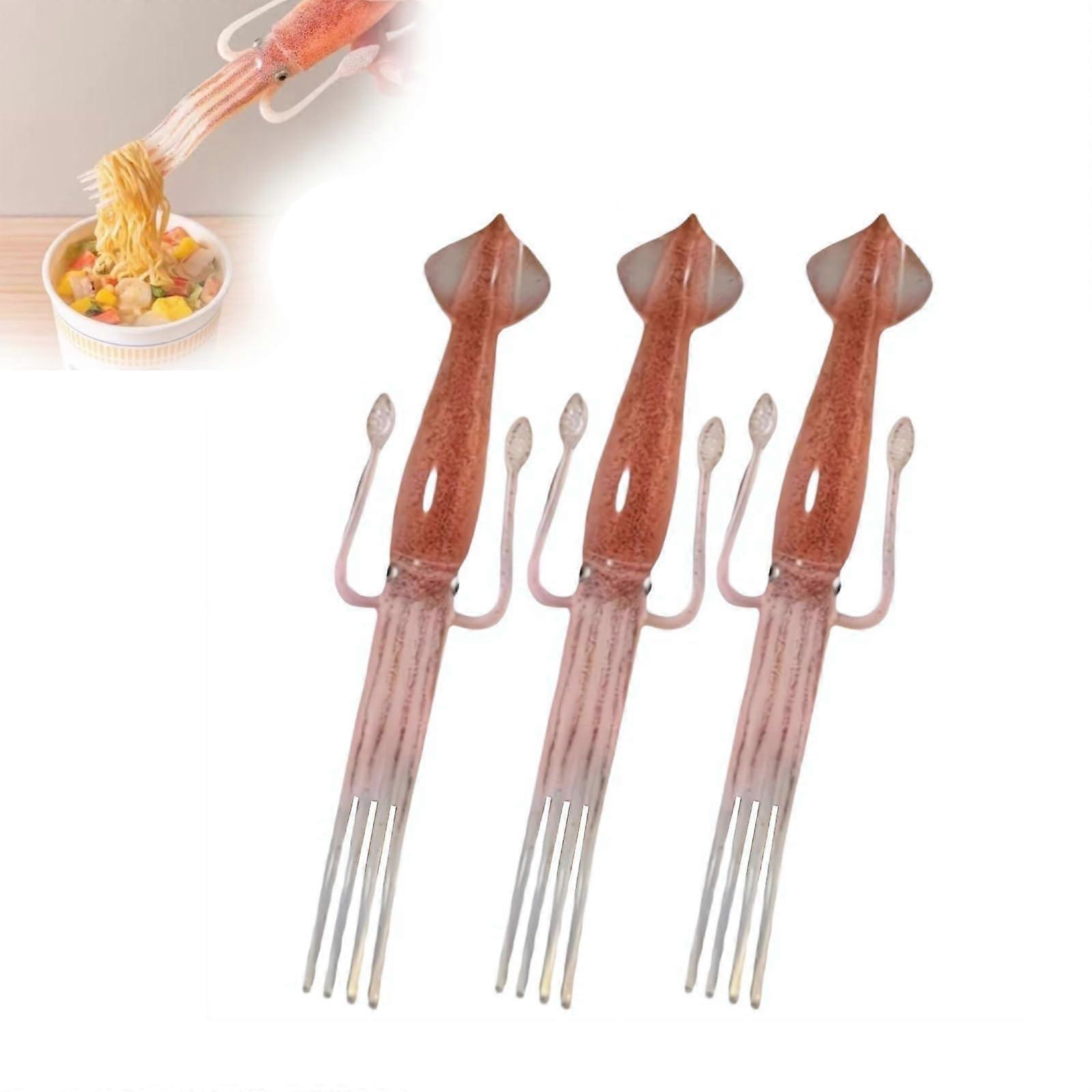 Squid Pasta Fork, 3 in 1 Heat Resistant Silicone Utensil, Cute Squid Shaped Cooking Utensils (3)