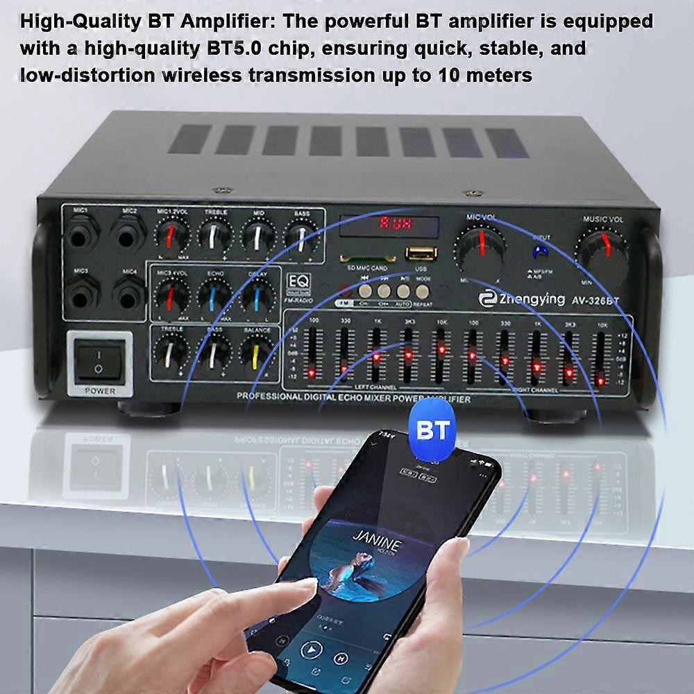 AV-326BT High Power Home Amplifier 12V/110V Bluetooth EQ Equalizer Car Outdoor Karaoke Amplifier US 110V (Remote Control with Button Battery)
