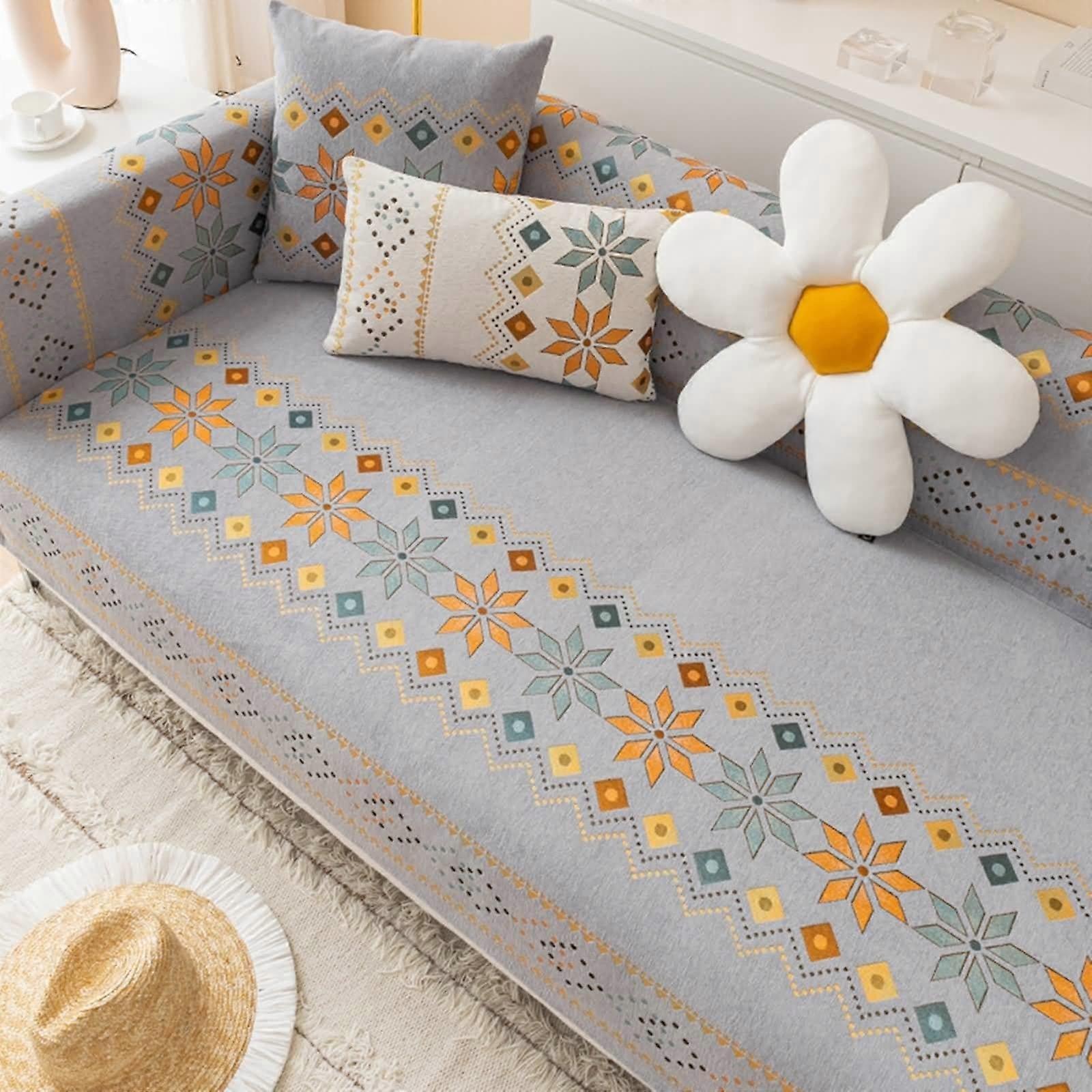 Gray Sofa Blanket, Chenille Sofa Blanket Geometric Floral Pattern in Bohemian Style Sofa Cover 3 Seater (180x340cm) 1 Seater (110x110cm)