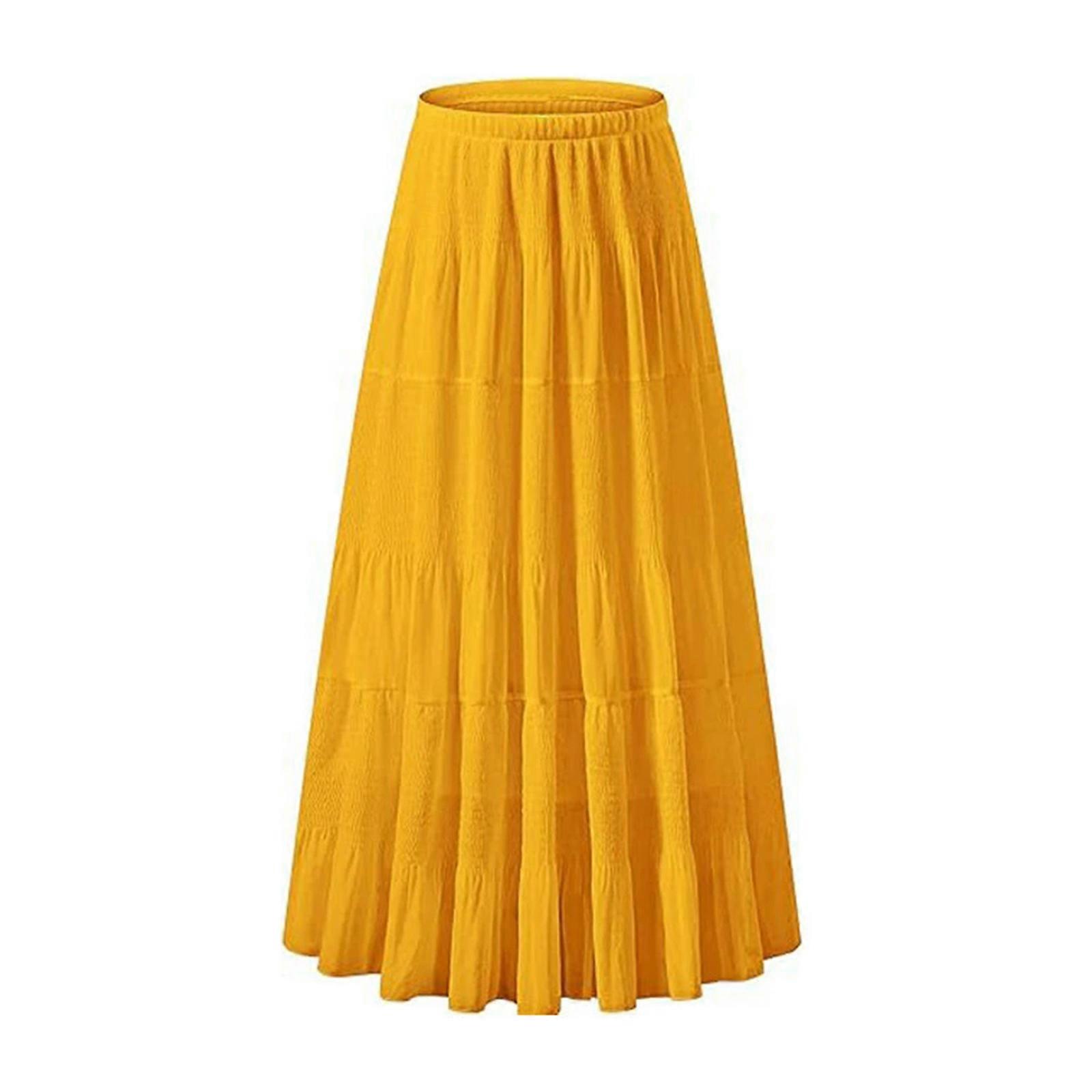 Elastic Waist Midi Skirt Comfortable Wear Polyester High Waist Skirt 7 Color Option 4 Sizes Solid Color Casual Dress Yellow XL
