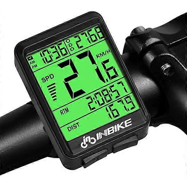 Wireless bike computer, IP54 waterproof, with backlit display and stopwatch.