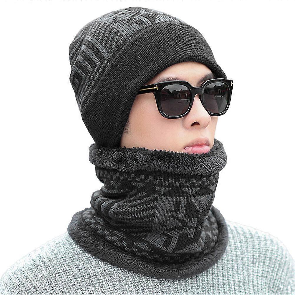 Black Knitted Scarf Hat Two-Piece Set For Men Running Hiking Warmth 1 Set