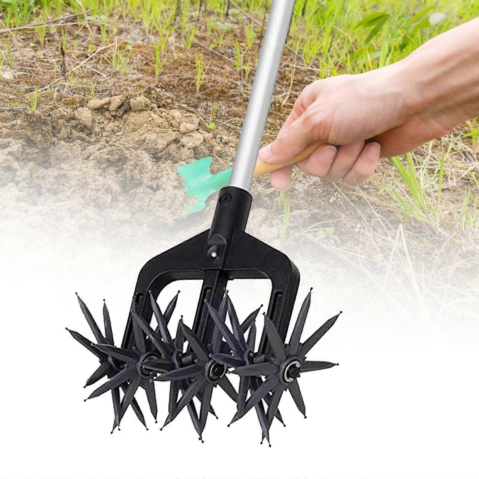 Spinning Top Cultivator for Sowing, Short Handle Garden Tiller, Handheld Cultivator for Grass Reseeding and Balcony Gardening