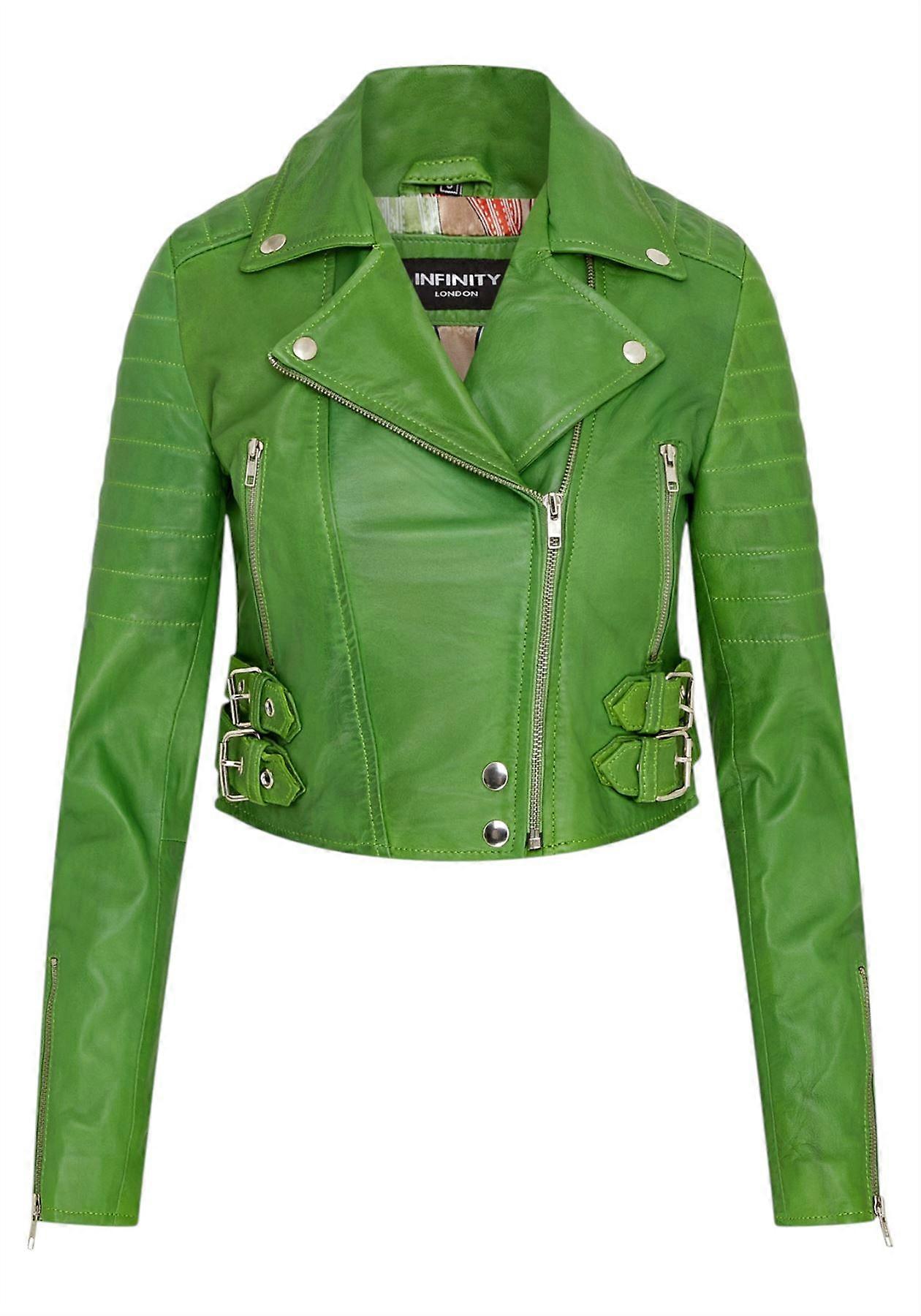 Ladies Cropped Jacket Short Body Gothic Top Apple Green Chic Biker Real Leather Jacket