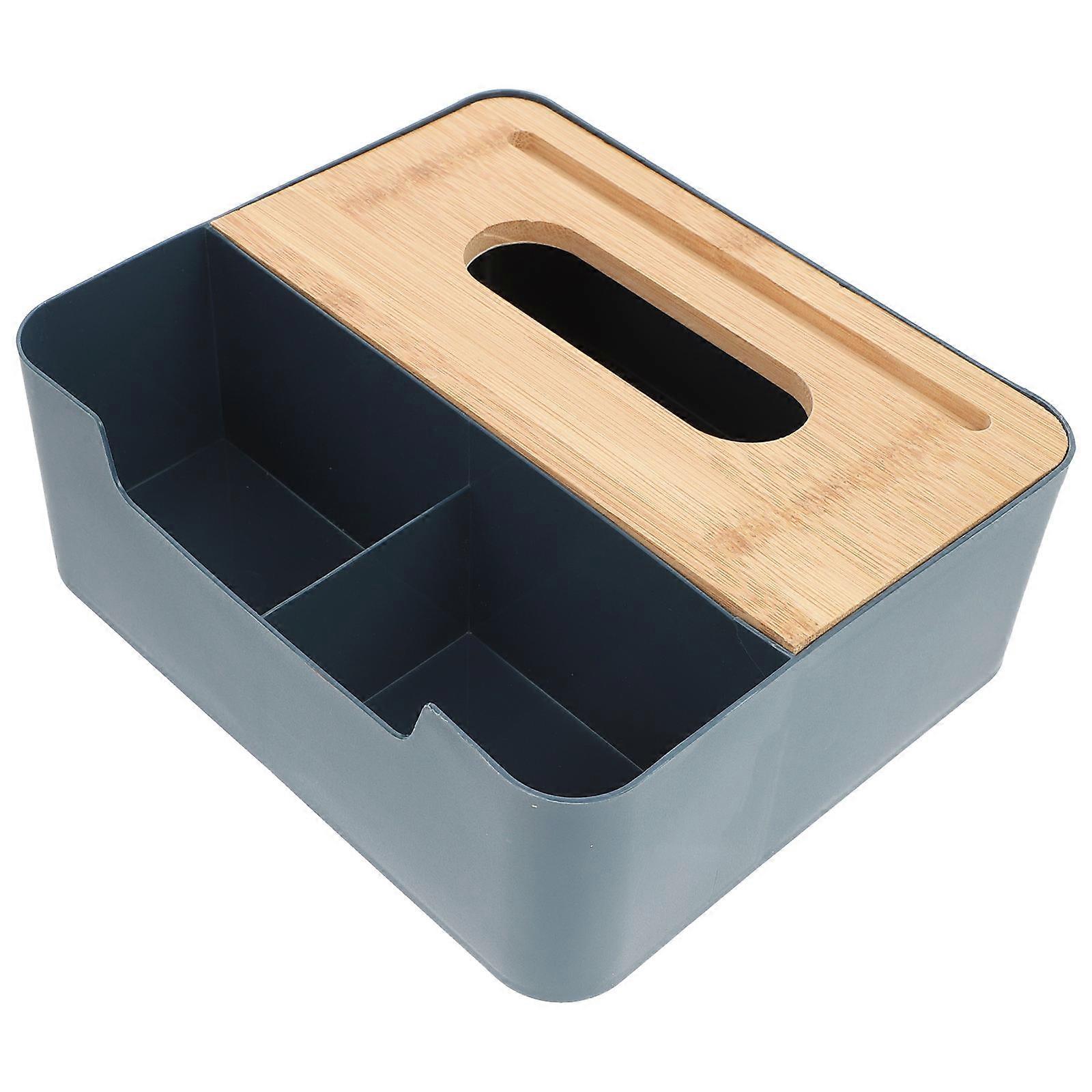 Napkin Storage Box With Bamboo Lid Design For Desktop Organization In Blue Color Size 22X18.5X8Cm 1 Pcs