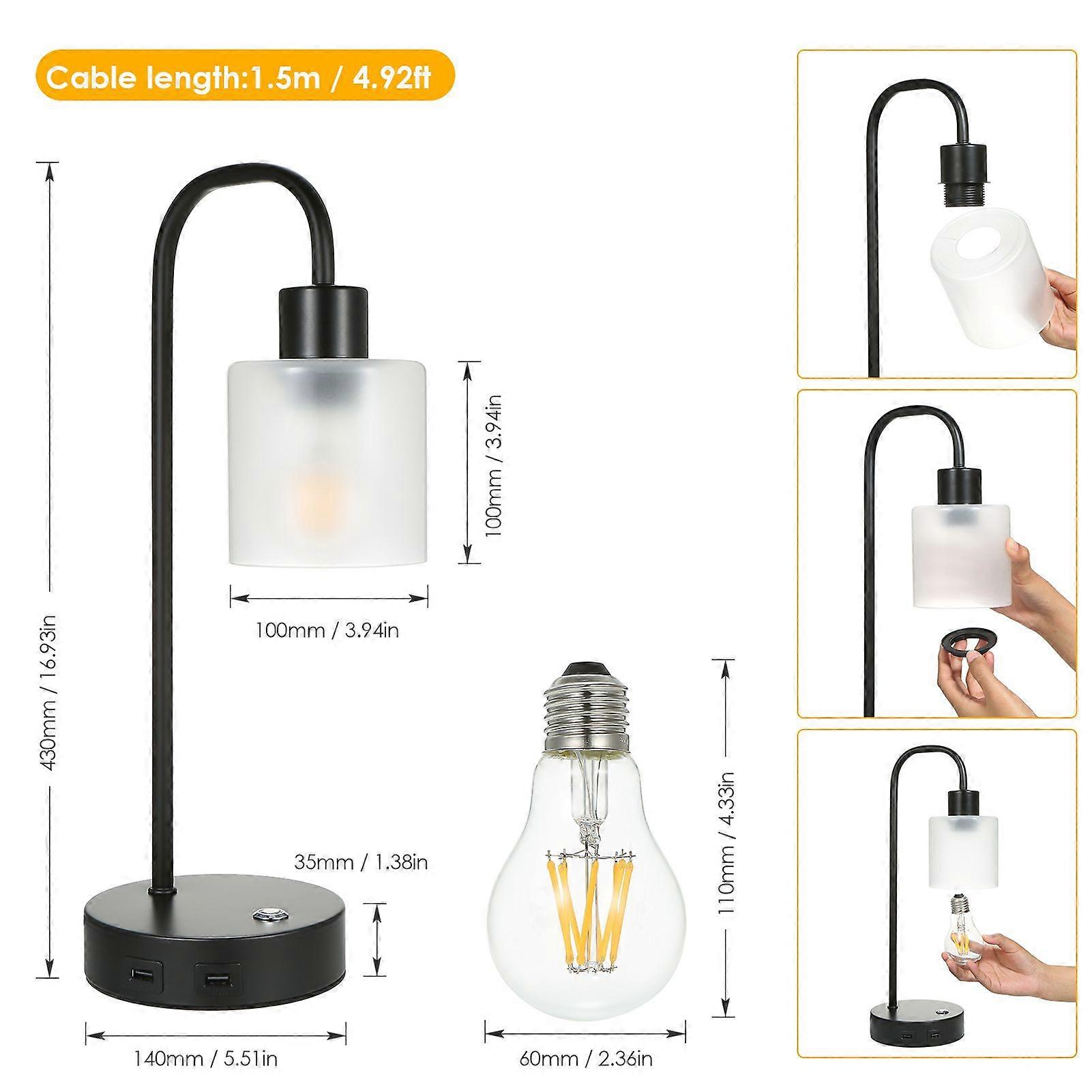 Tomshine Industrial Table Light with Two 2.1A USB Ports Touching Control Dimmable Desk Lamp with Glass Lampshade Vintage Bedside Nightstand Light for