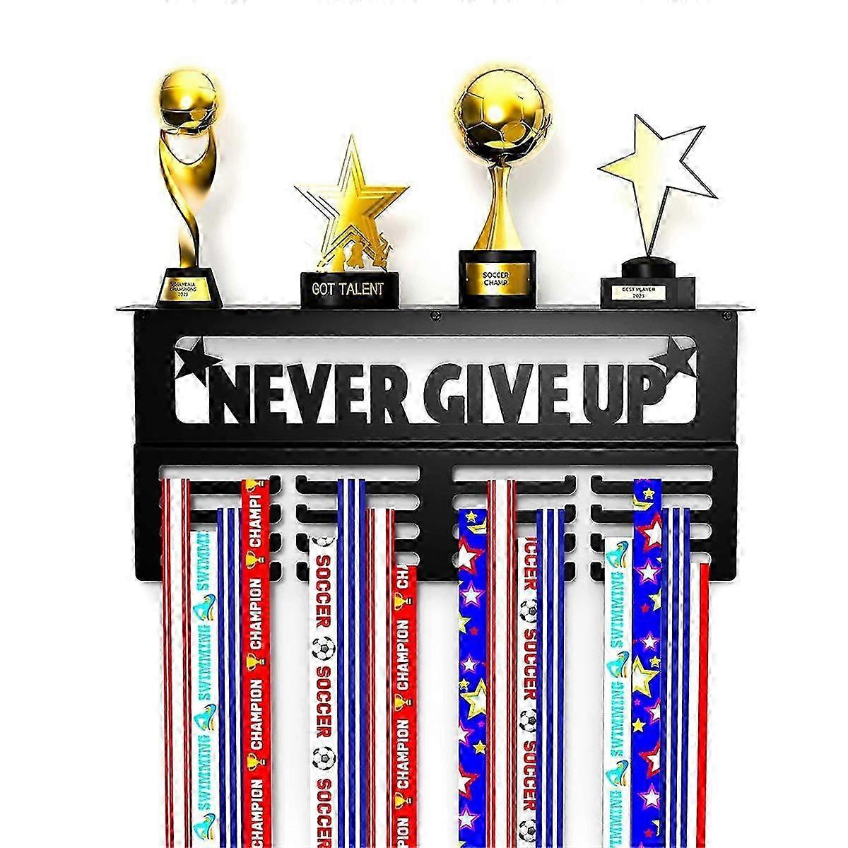Never Give Up Medal Hanger Display with Shelf - Easy Install Carbon Steel Trophy and Medal Display Rack