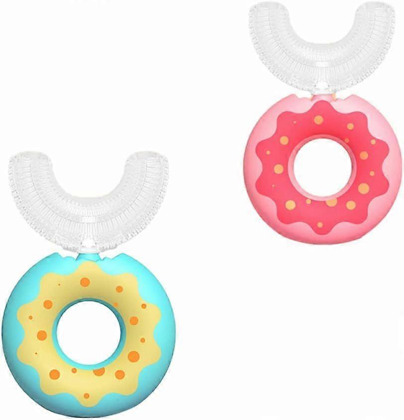 x U-shaped children's toothbrushes. Soft silicone brush head. 360-degree rotation.