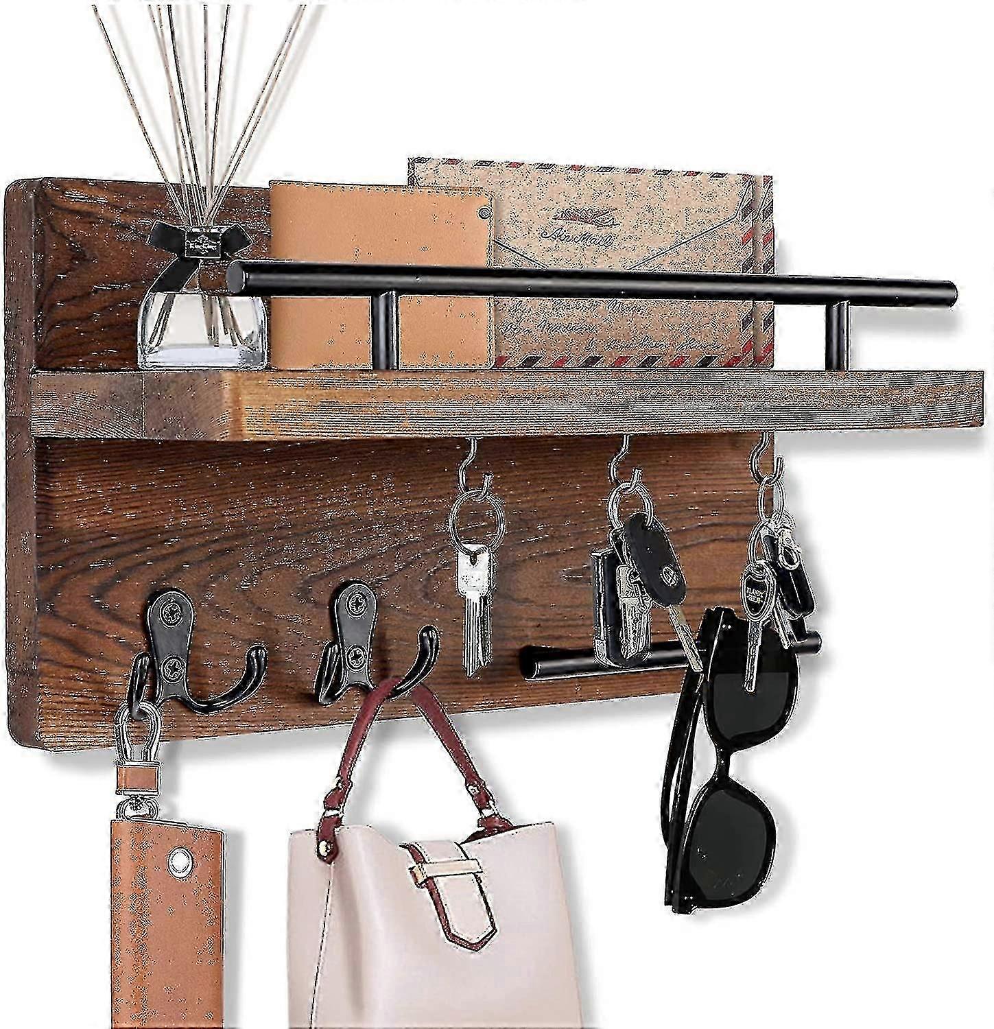 Key Holder For Wall Decorative With 5 Key Hooks, Wall Mounted Key Hangers For Wall With Mail Key Rack, Wooden Mail Organizer With Shelf, Rustic Home D