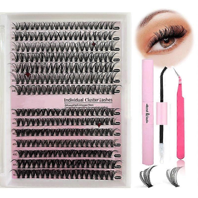 Cluster Lashes Kit Individual Cluster Lash Extensions Mixed Length with Bond & Seal DIY False Eyelashes Tray for Self Application at Home