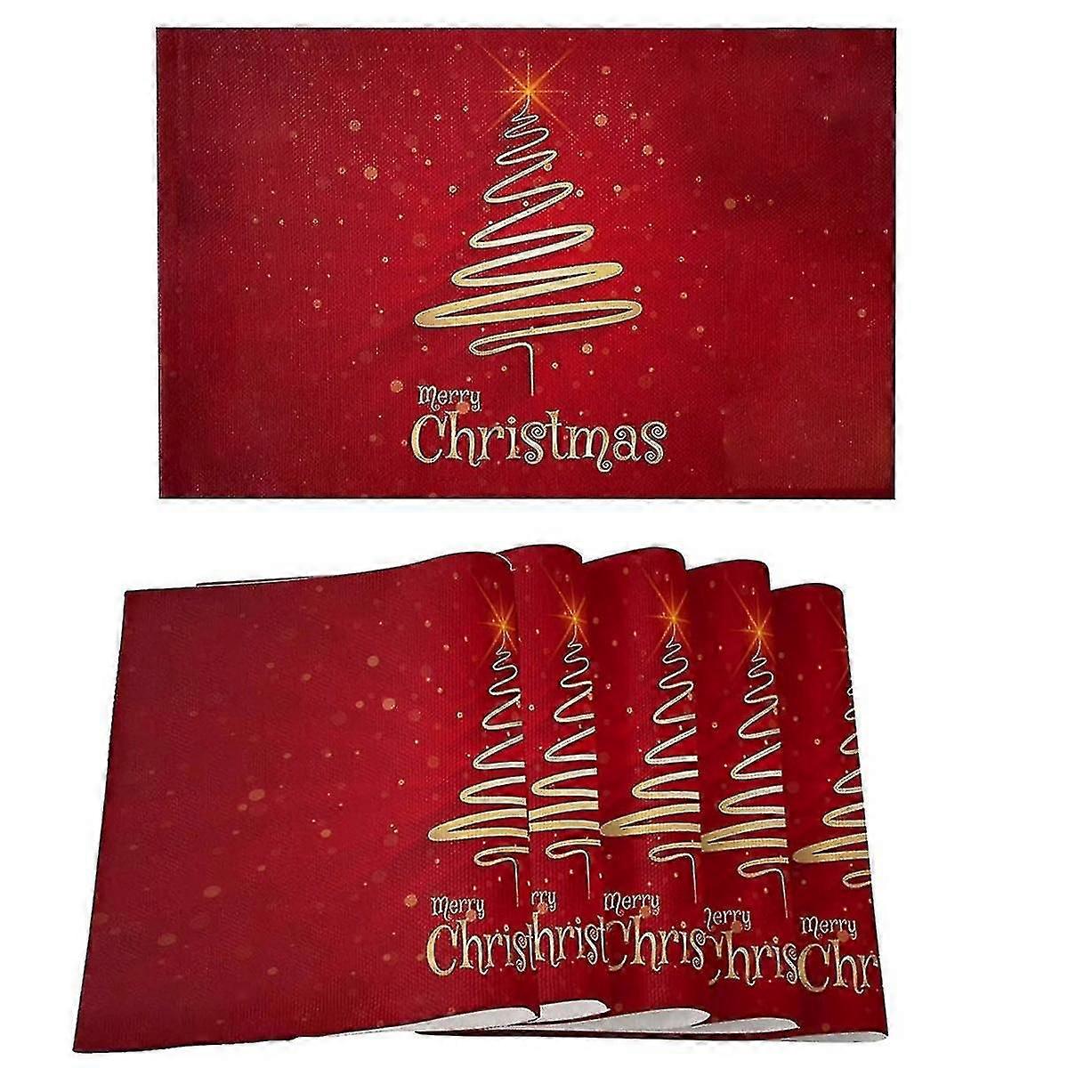 Merry Christmas Tree Placemats Set Of 6,non /wipe Clean Linen Dining Table Mat Set,heat resistant T