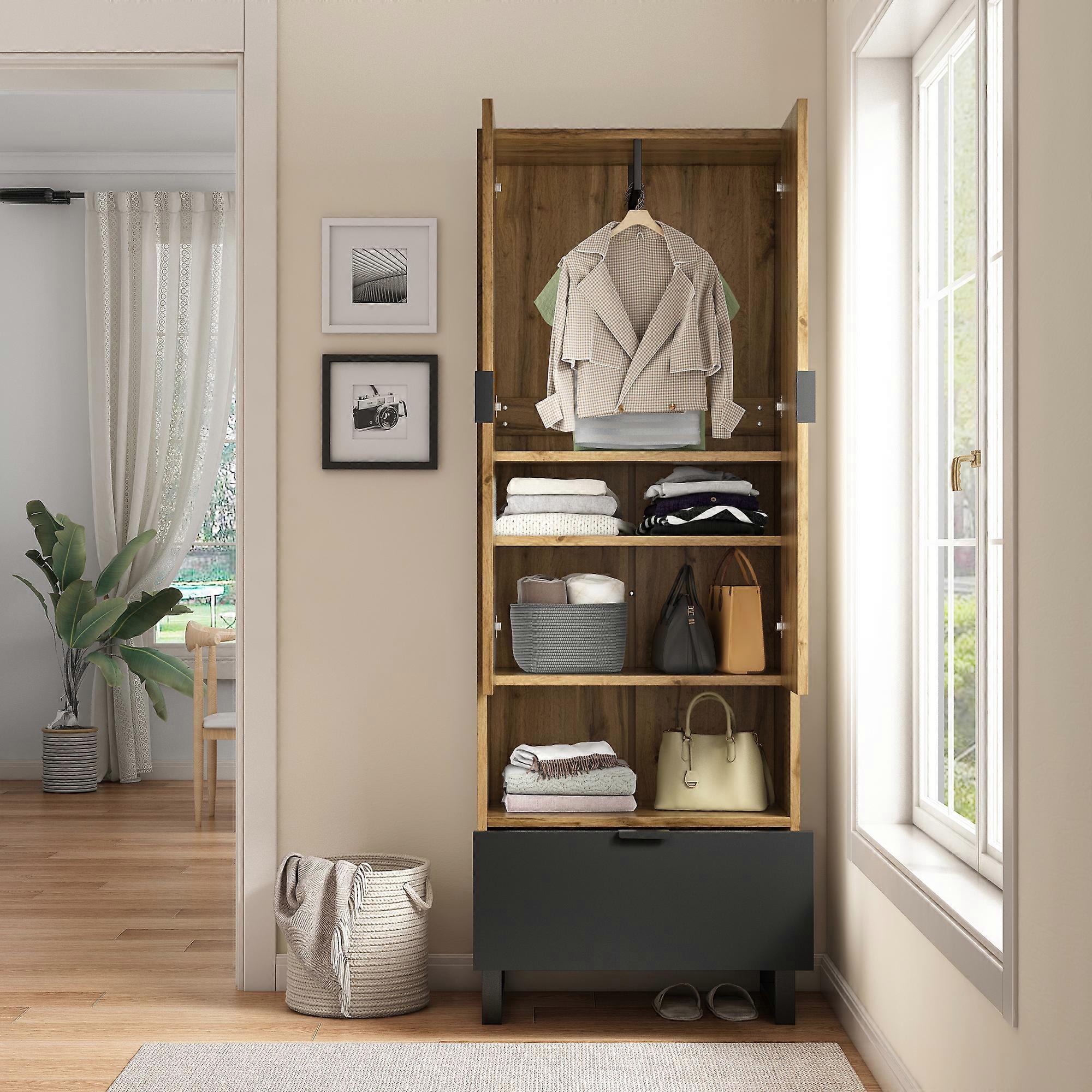 Wardrobe Cabinet 1 Drawer Adjustable Shelves Clothes Rod Storage