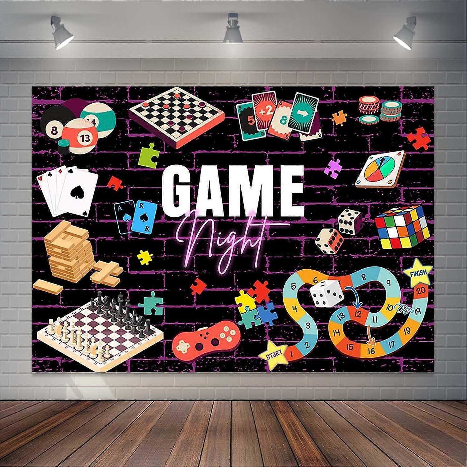 Toile de fond personnalisée pour soirée jeux (2,1 x 1,5 m) - Thème échecs, cartes et jeux de société pour anniversaire, soirée jeux en famille, fête, photo et accessoires de studio