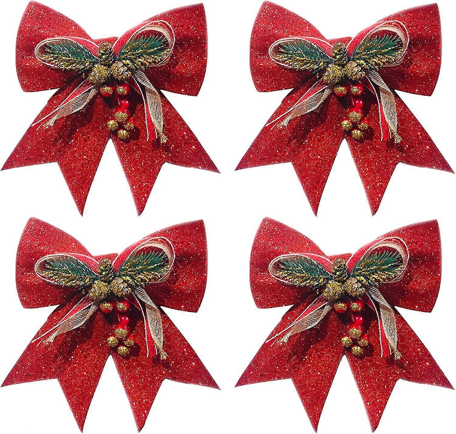 4 Red Christmas Bows,large Red Glitter Ribbon Bowknot Tree