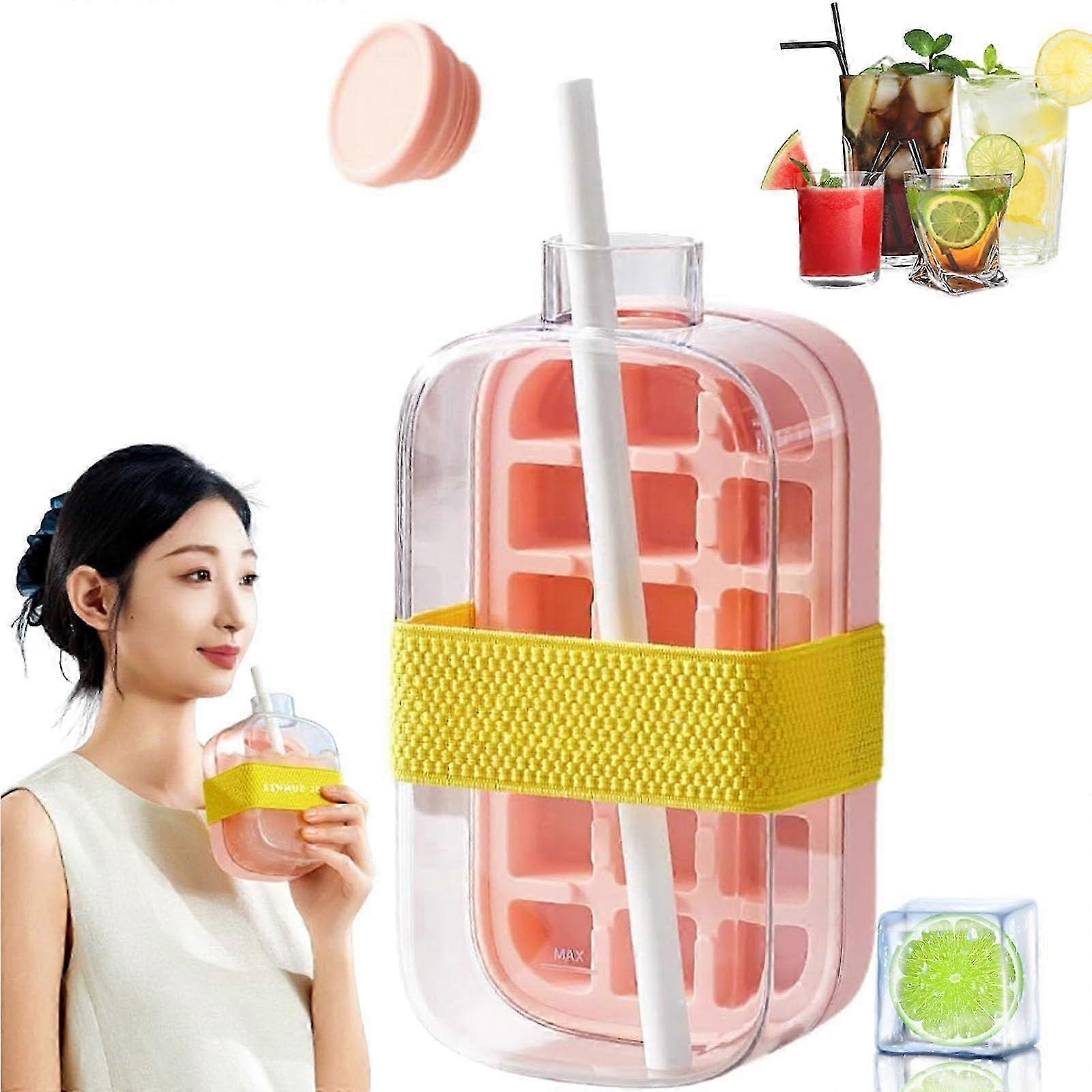 2-in-1 Ice Cube Tray Water Bottle with Straw, Touch-Free Easy-Release Freezer Bottle, Gym Ice Mold Water Bottle for Juice Coffee
