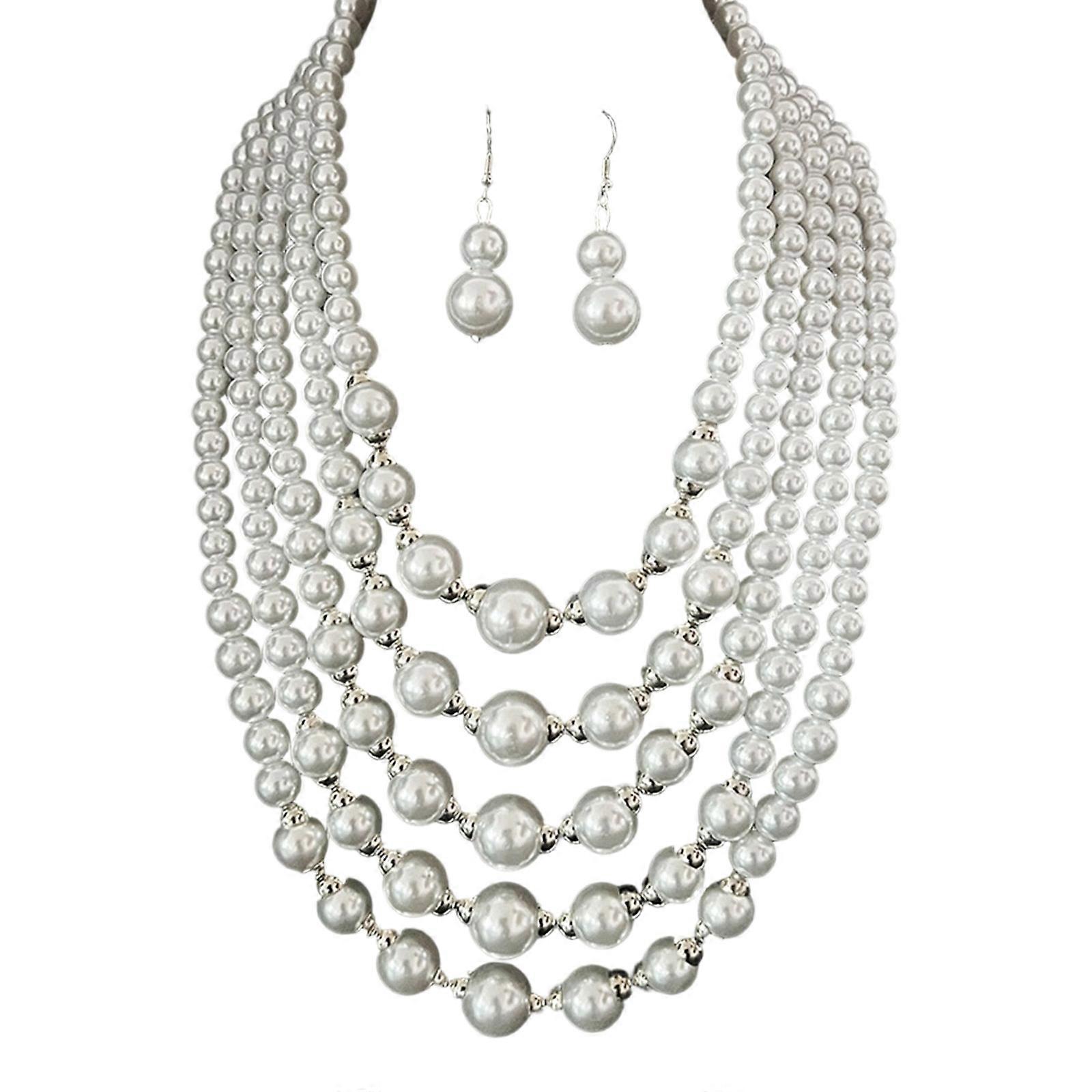 Fashionable Layering Artificial Pearls Necklace With Matching Studs Comfortable Daily Wear Accessories Multicolor