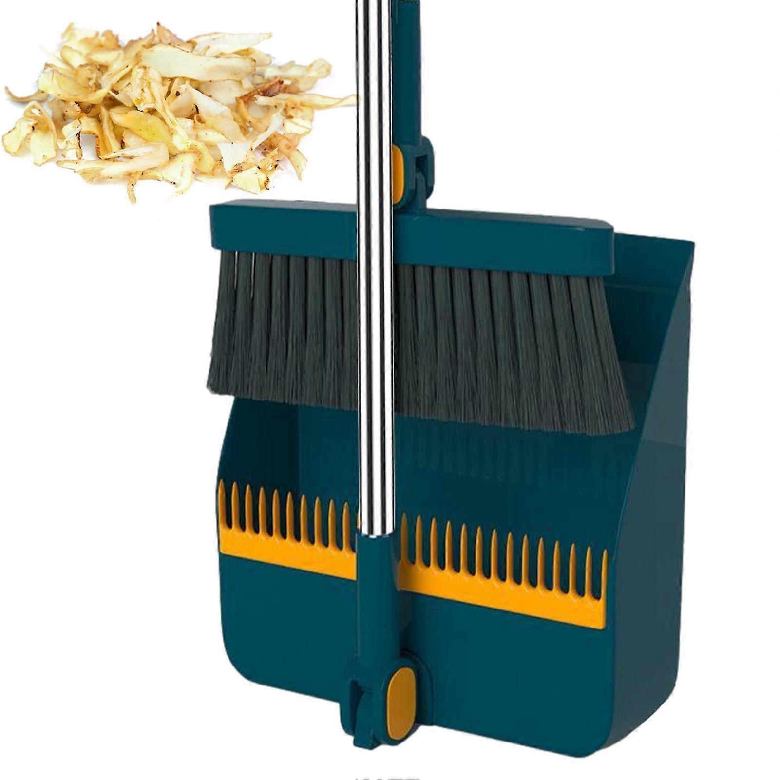 Long Handle Broom and Dustpan Set with 180° Rotating Brush and Comb Teeth for Home Cleaning Blue