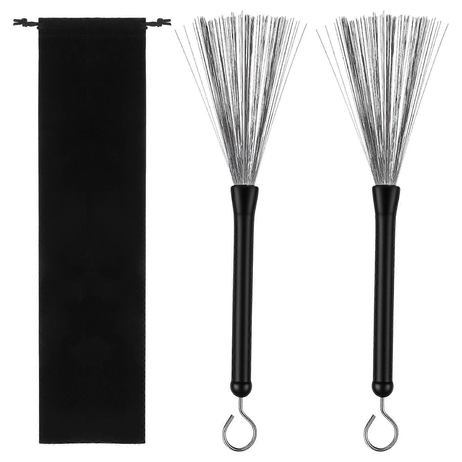 Drum Brushes Set of 2 Retractable Wire with Rubber Handles for Jazz Rock Folk Drummers and Velvet Bag