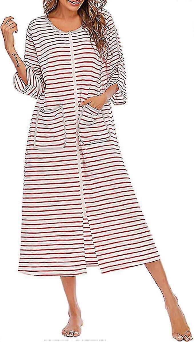 Roupão de banho feminino com zíper em mistura de algodão com bolsos, roupão listrado casaco para todas as estações