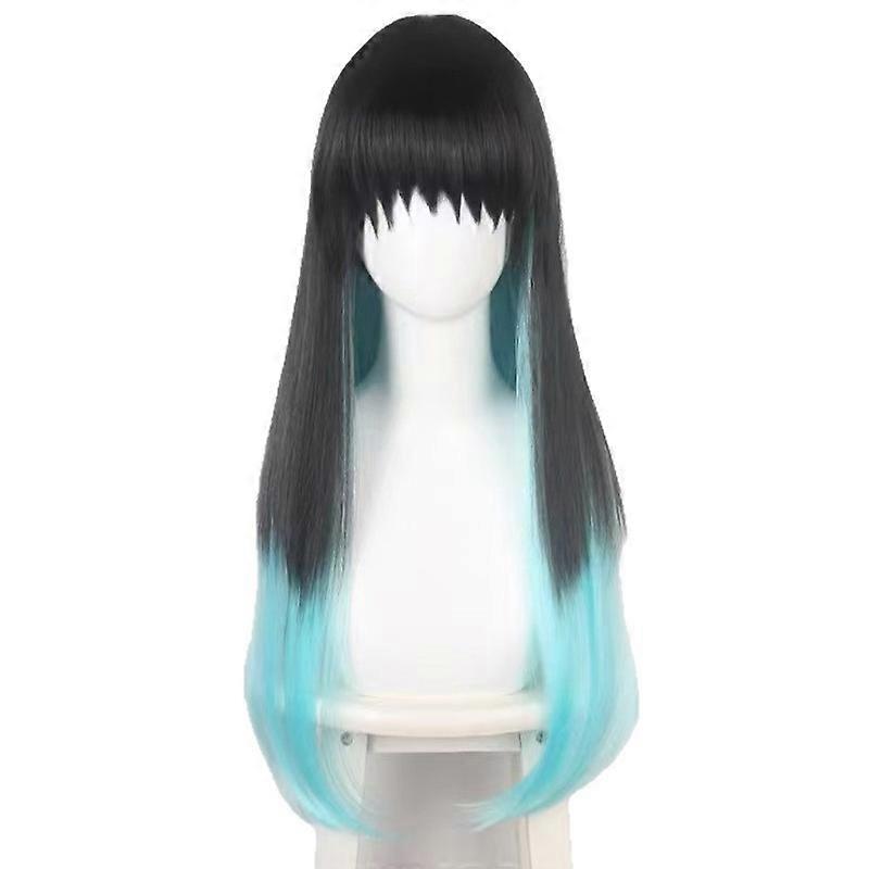 When The Blade Of The Ghost Is Destroyed, There Is No Ichiro Xia Zhu Cos Wig Black And Green Long Hair Rose Net Color Matching Cos Wig