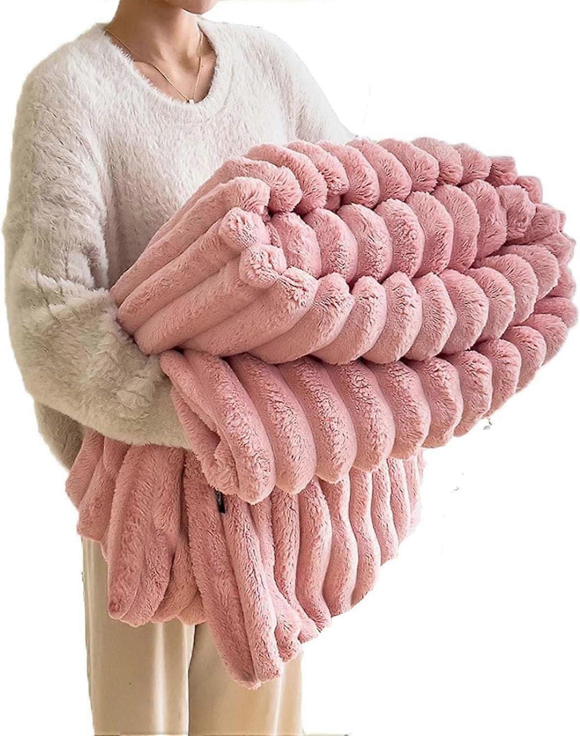 Oversized Faux Rabbit Fur Throw Blanket Pink 71x79in UltraSoft DoubleLayer AntiStatic Warm