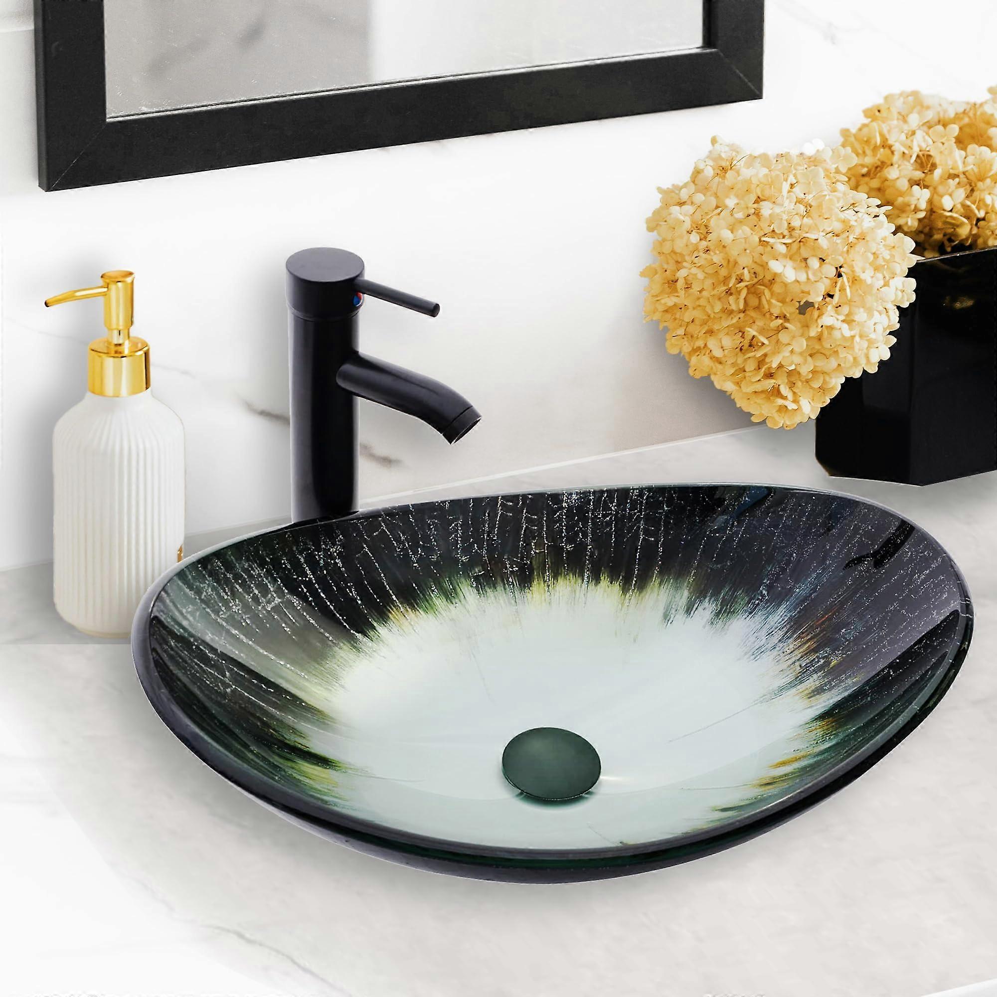 Oval Tempered Glass Bathroom Vessel Sink with Faucet, Gradient Green Above Counter Basin Bowl