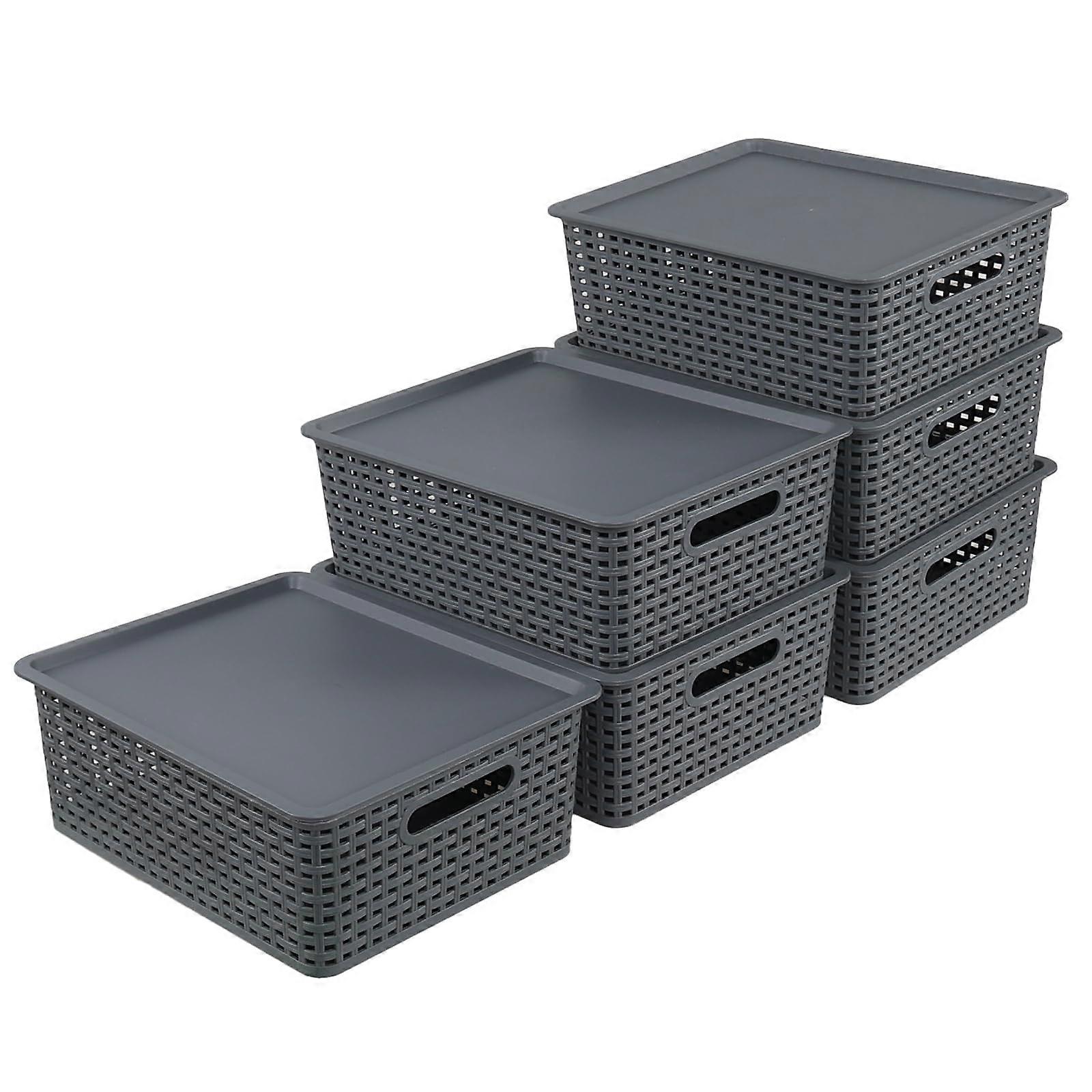 6 Pack Plastic Storage Bins with Lids, Stackable Baskets for Home Organization, Gray Medium