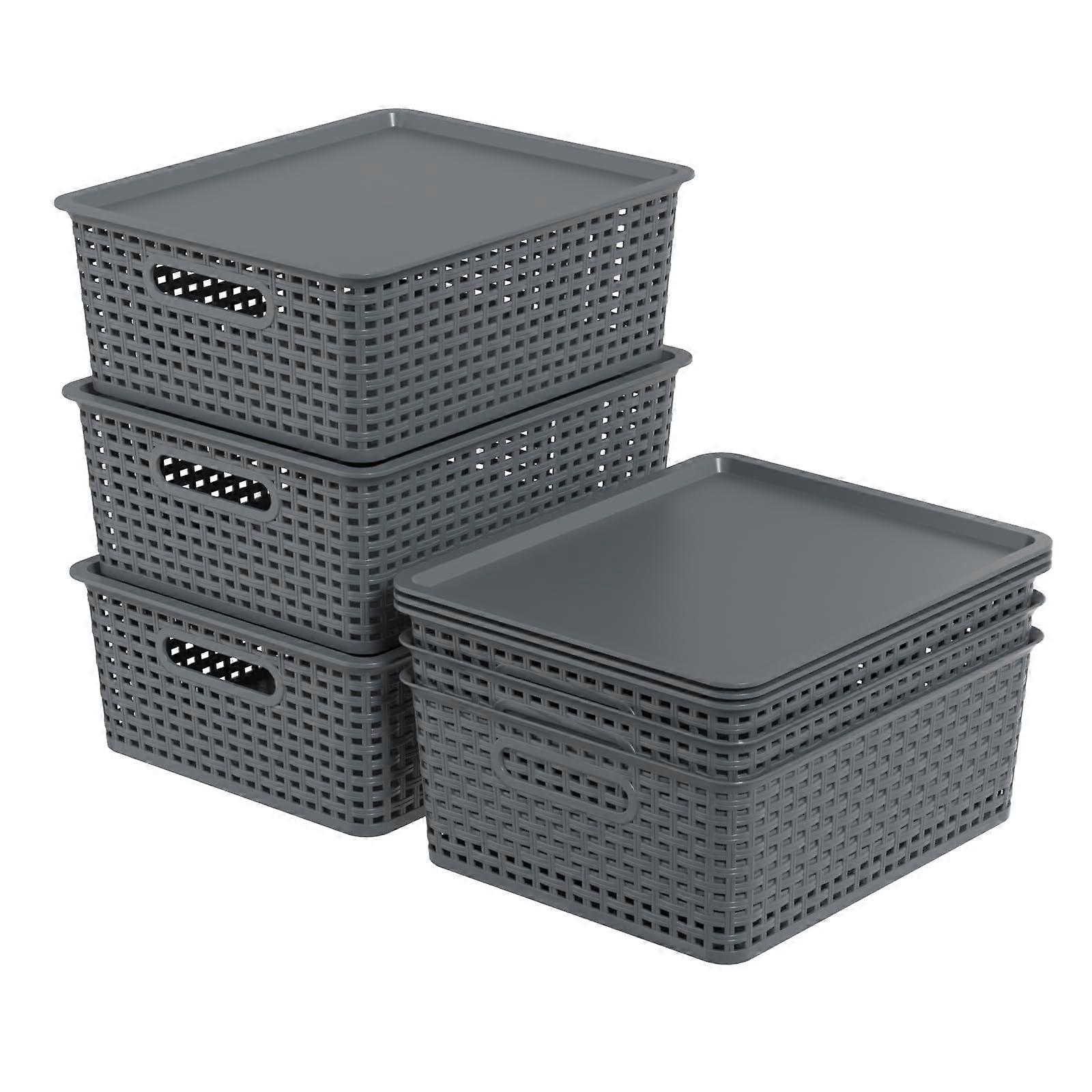 6 Pack Stackable Plastic Storage Baskets with Lids, Durable Dark Grey Organizer with Handles