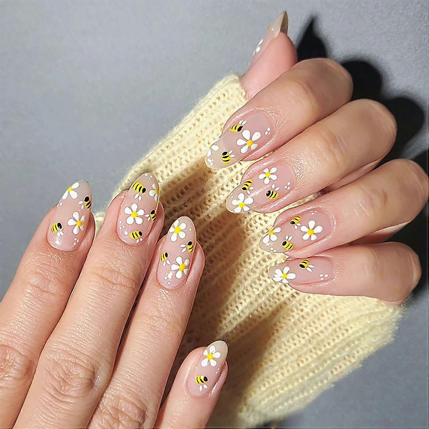 Almond Shape Press On Nails with Bee Design, Medium Length Acrylic False Nails, 24pcs Reusable Set