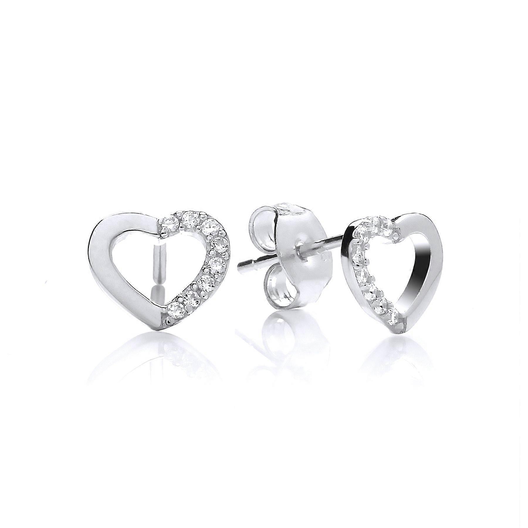 Jewelco London Ladies Rhodium Plated Sterling Silver CZ Semi Set Open Love Heart Stud Earrings