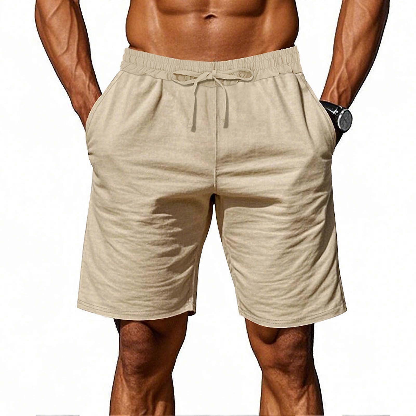 Men Summer Beach Shorts with Pockets Drawstring Elastic Waist Solid Color Versatile Casual Shorts