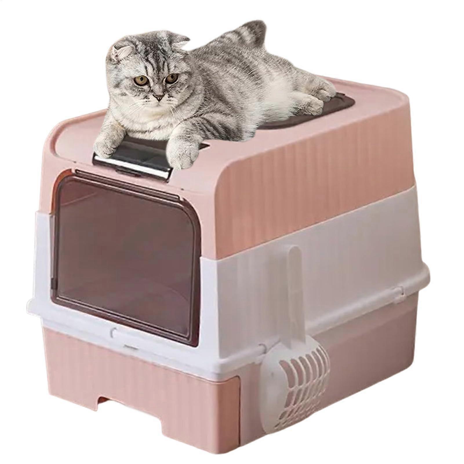 Covered Cat Litter Box with Lid and Scoop, Odor Control, Foldable for Small Spaces