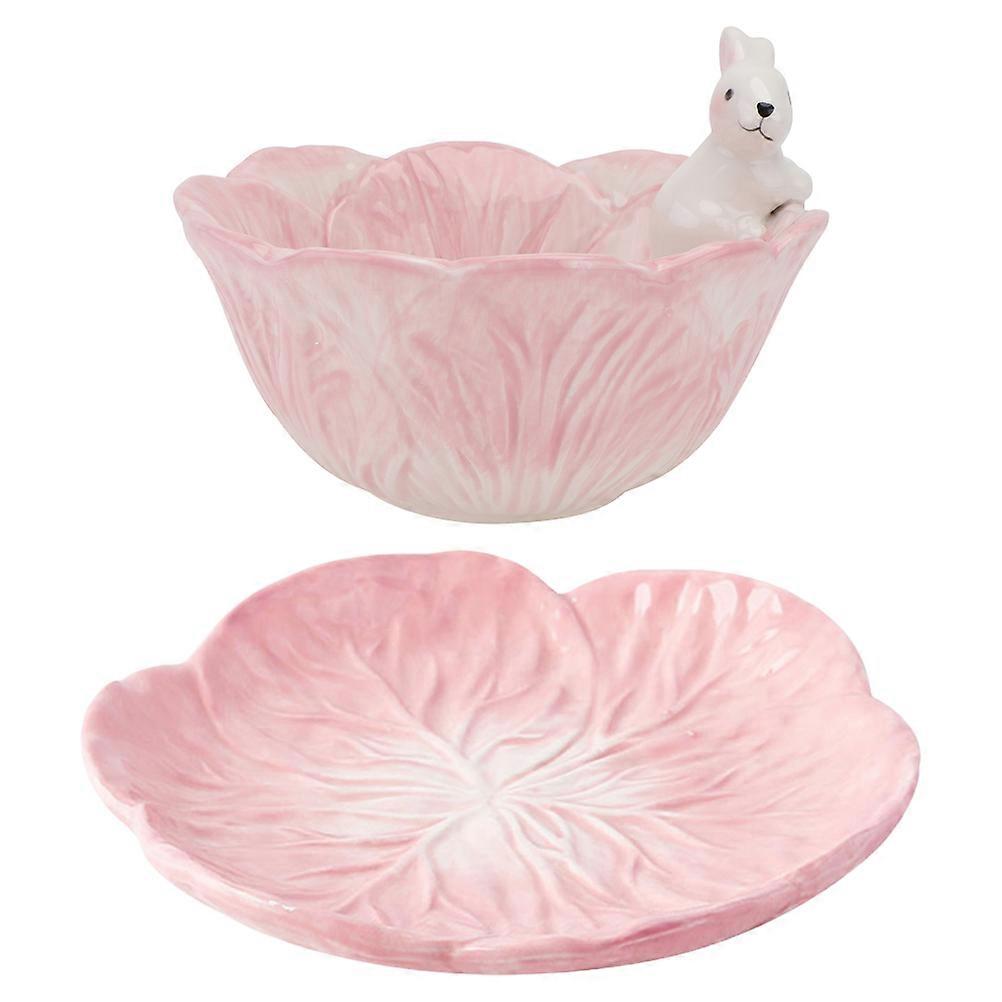 Ceramic Rabbit Bowl for Kids Tableware 1Set Pink Cartoon Dinner Plate