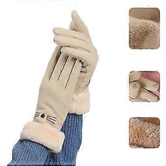 Women Suede Gloves Cute Cat Fleece Lined Warm Gloves