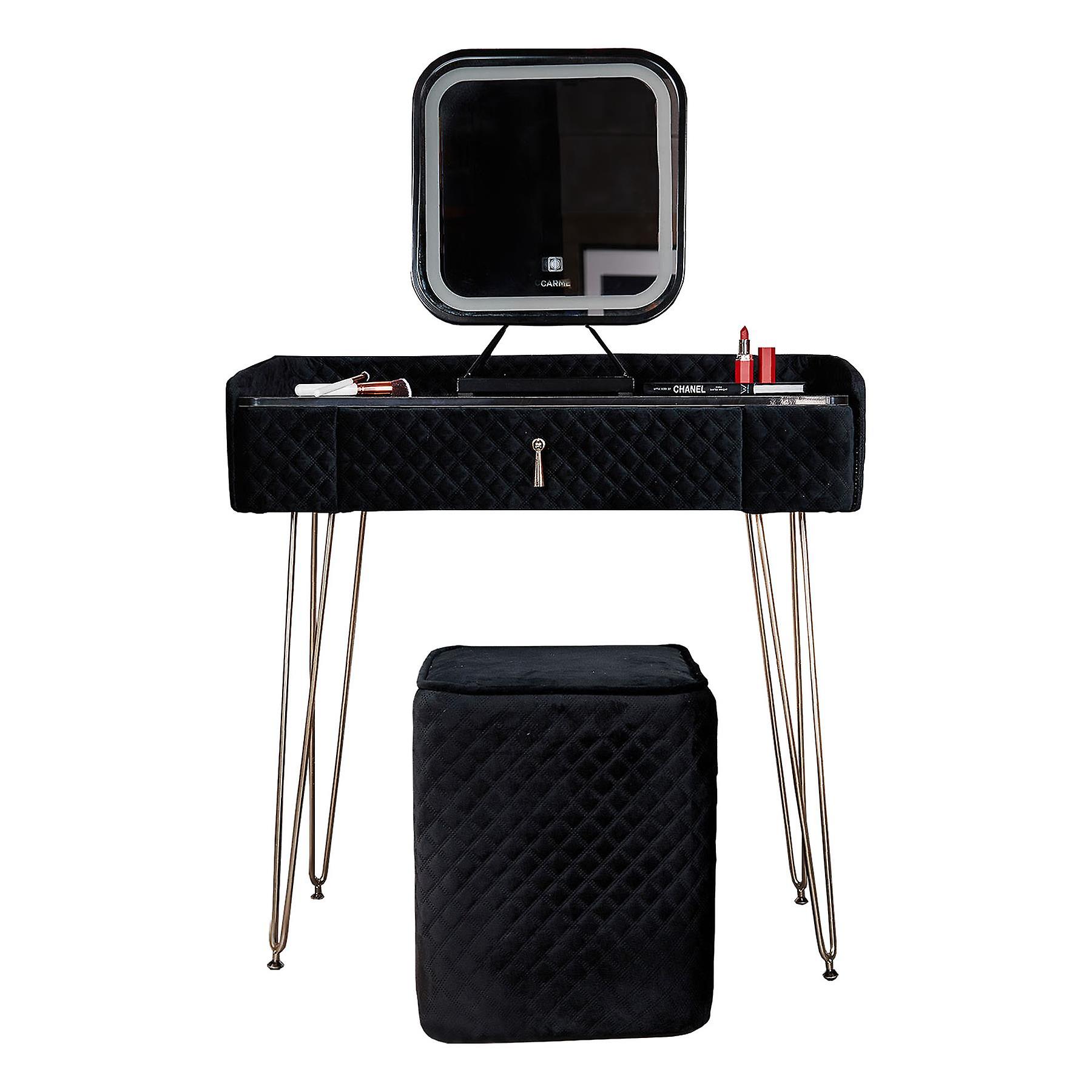 Monaco Nights Velvet Dressing Table with Touch LED Light Mirror Stool Set in Noir Black