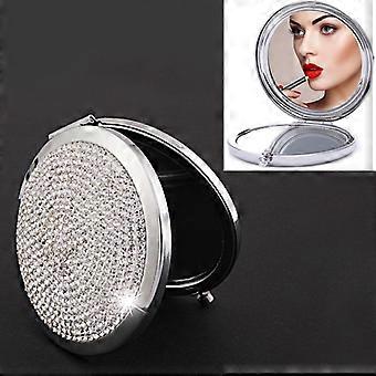 Diamond-encrusted Metal Double Side Folding Round Small Makeup Mirror
