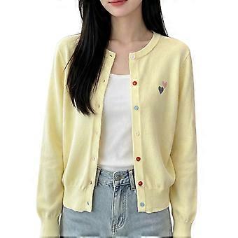 Women Button Front Cardigan, Embroidery Love Heart Open Front Jacket, Round Neck Long Sleeve Cropped Top for Autumn Spring Daily Wear