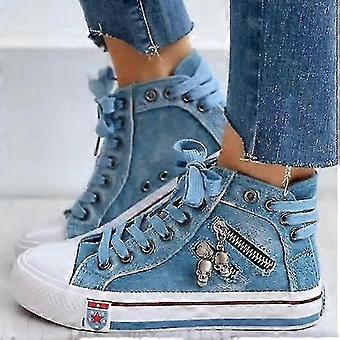 Women Skull Zip Decoration Denim Sneakers Casual High Top Canvas Shoes 26-27
