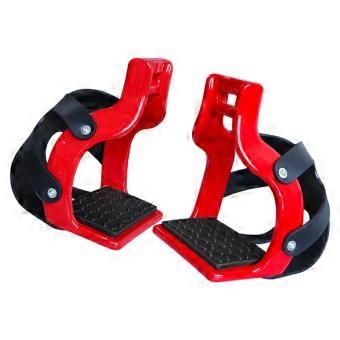 Caged Horse Stirrups with Textured Rubber Tread Surfaces, Front Foot Guards, and Coated Nylon 66 Bodies for Mounted Use  Red
